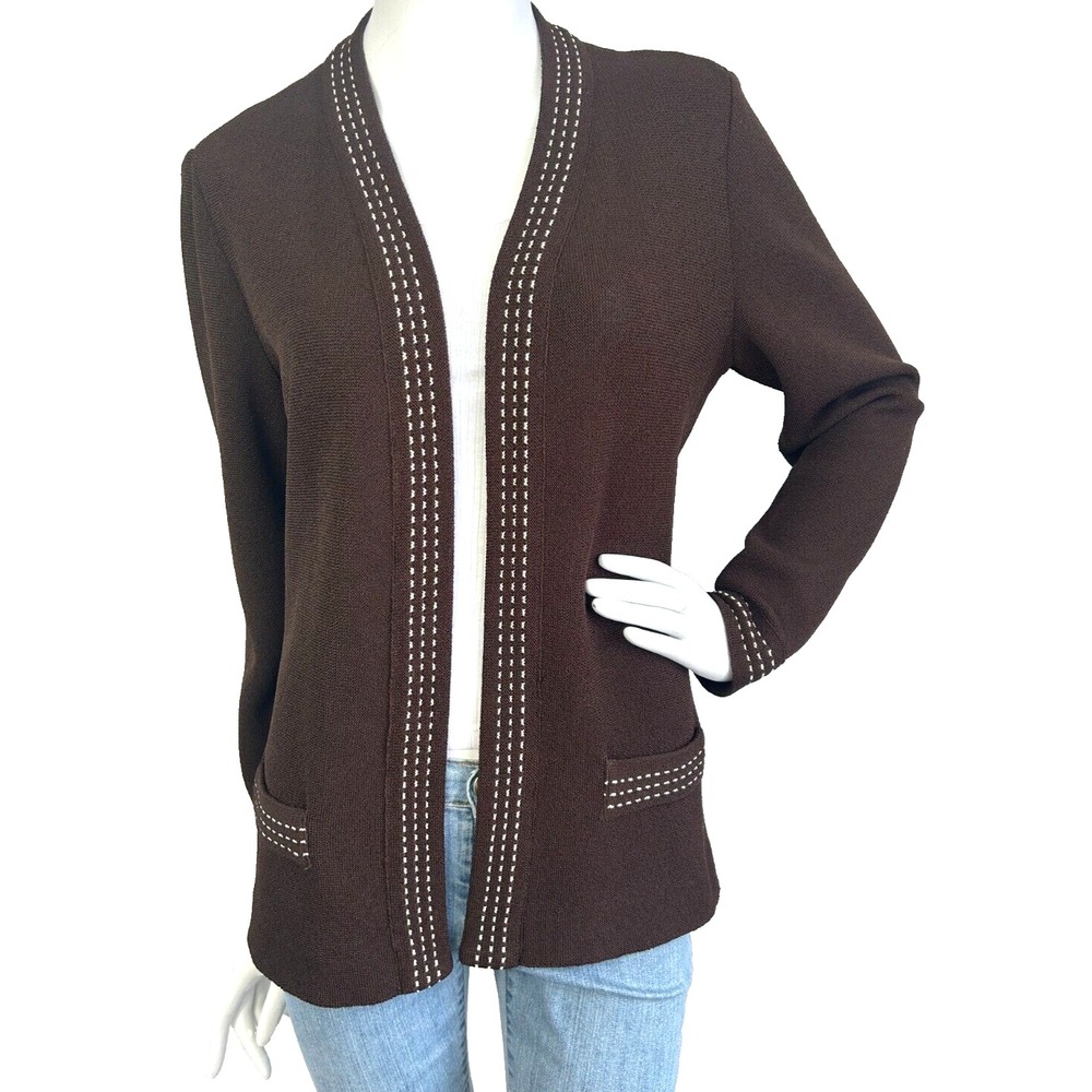 VTG 70s Kimberly Knitwear Brown Open Cardigan Sweater M Dark Academic Preppy EUC